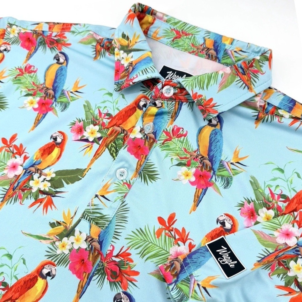 Waggle Polo Shirt Mens XL Blue Parrot Tropical Floral Performance Stretch Golf